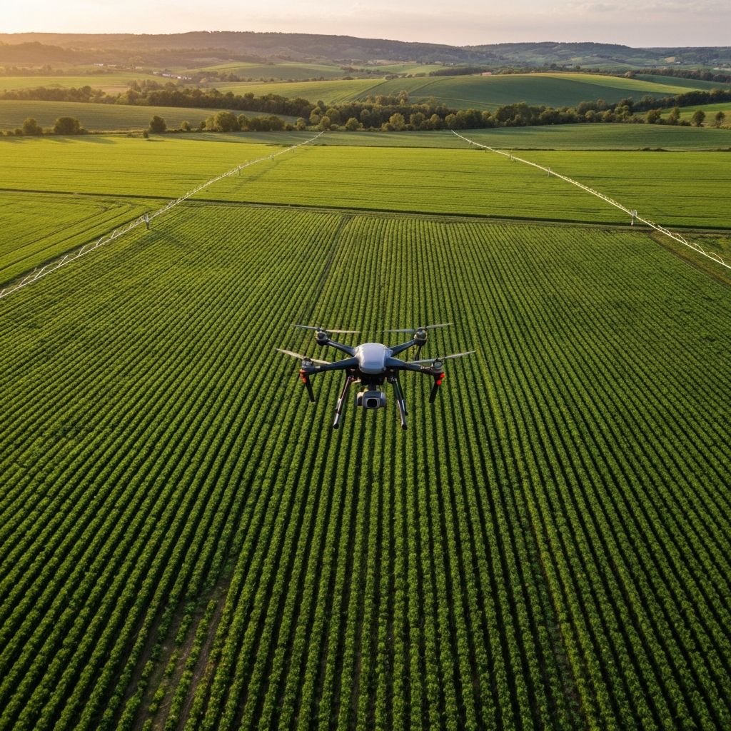 Agricultural drone surveying green farmland